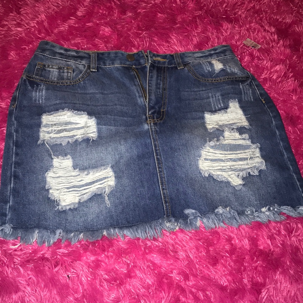 Ripped Denim Fringe Skirt